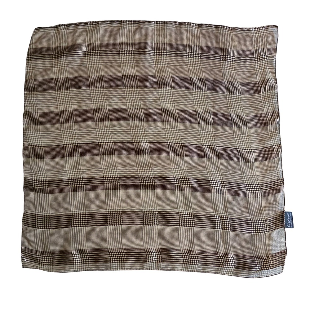 Vintage Cejon Houndstooth Scarf Brown Tan Glen Plaid Sheer Chiffon Square 20x20